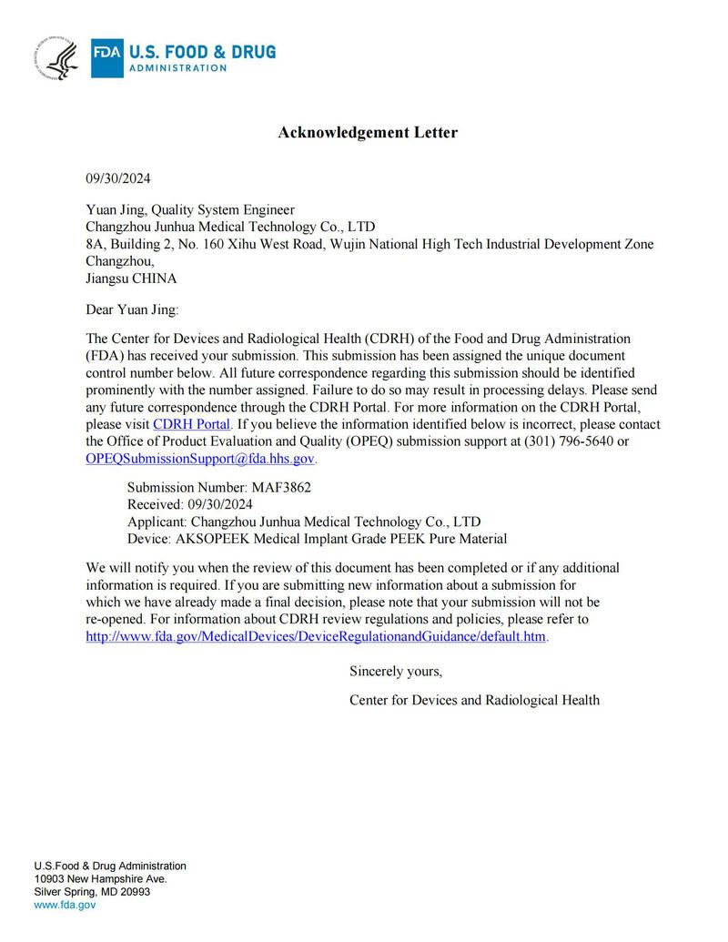 FDA Acknowledgement for AKSOPEEK